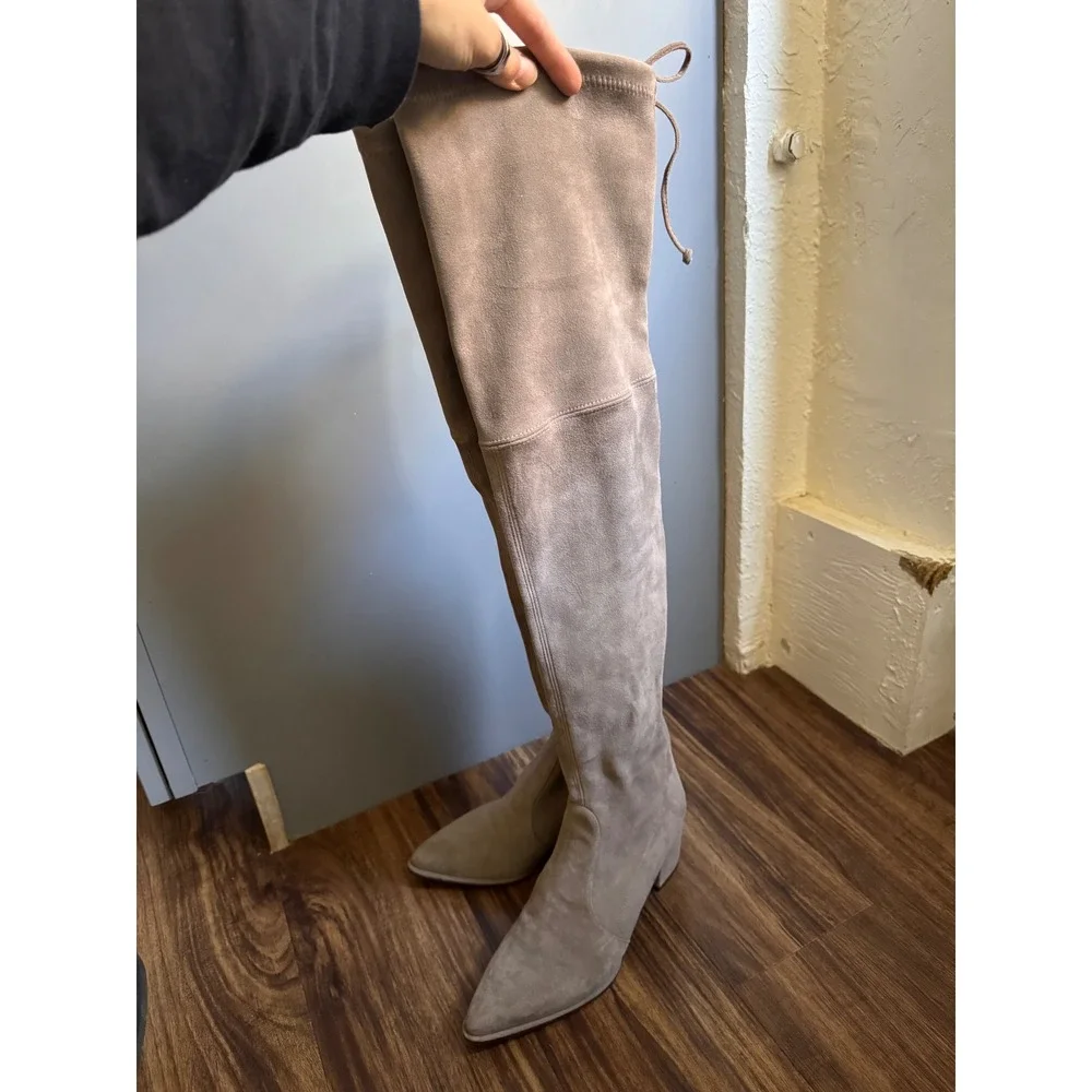Stuart Weitzman Tieland Over The Knee Suede Taupe Gray Heel Pointed Toe Size 6
